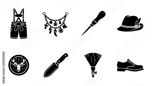 Fotografía Bavarian Oktoberfest Icons Set: Lederhosen, Necklace, Awl, Hat, Deer Emblem, Kni