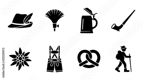 Bavarian Icons Set: Lederhosen, Beer Mug, Feathered Hat, Edelweiss, Pretzel, Alpine Hiker, Hunting Horn, Feather Duster Vector Graphics