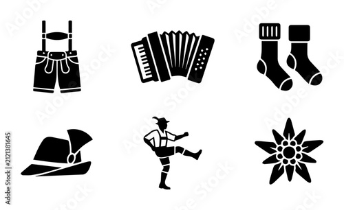 Bavarian Oktoberfest Icons Set: Lederhosen, Accordion, Hat, Dancer, Socks, Edelweiss Flower Vector Graphics for German Festival Celebration