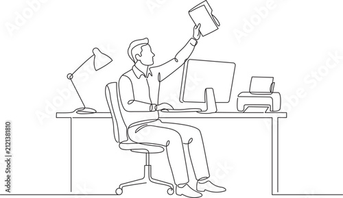Foto Continuous one line drawing of businessman sitting at office desk holding up doc