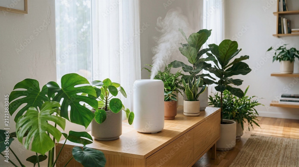 Fototapeta premium White humidifier emitting steam in a bright room with green plants and natural light