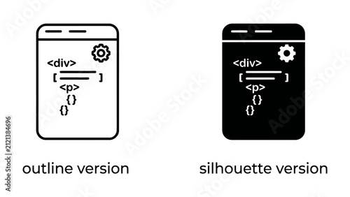 Принти на полотні Coding and Web Development Icons: Two distinct icons representing coding and web development, one an outline and the other a silhouette, showcase a stylized code snippet with a gear symbol