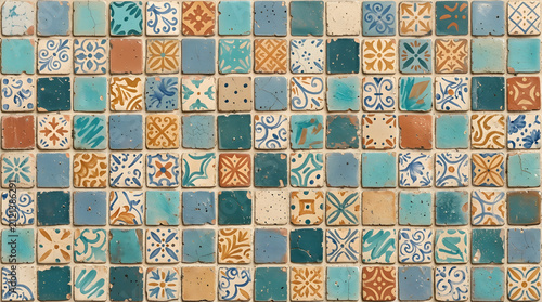 Handcrafted ceramic tile patterns with Mediterranean and Moorish geometric motifs, weathered glaze, rich blue, turquoise, green and terracotta tones, intricate symmetry, vintage texture, elegant style