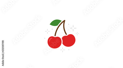 Cherry pair with a single green leaf sparkles against a clean white background to represent fresh fruit, organic produce, or a sweet ingredient for healthy culinary recipes and lifestyle designs.