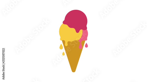 Ice cream cone with melting scoops of strawberry and lemon flavors serves as a delightful symbol for summer treats and dessert menus in this minimalist graphic design asset for creative projects.