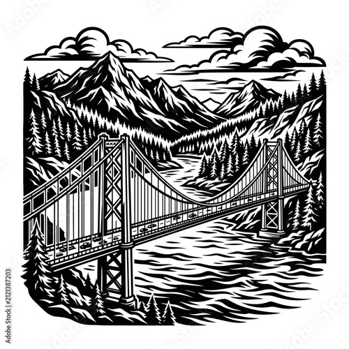 Monochrome Woodcut Style Illustration of a Suspension Bridge Over a River in a Mountain Valley