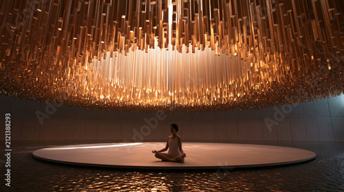 Meditative Figure in Dramatic Golden Light Installation