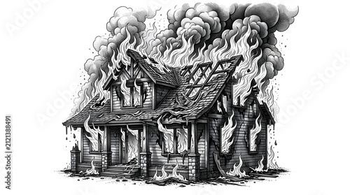 Canvas Print Detailed vintage engraving style illustration of a residential house engulfed in