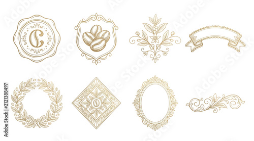Golden Ornate Emblems, Badges, Frames and Ribbons Set - Hand Drawn Vector