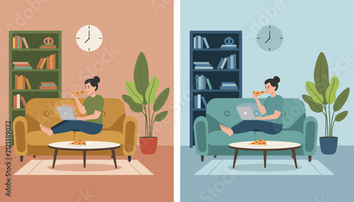 Young woman multitasking by working on her laptop and eating pizza while relaxing on a comfortable sofa at home.