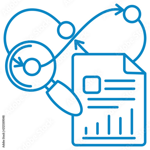 DevOps audit and research vector line icon. Infinity loop workflow with magnifying glass and document report for code review, MLOps analysis, and compliance