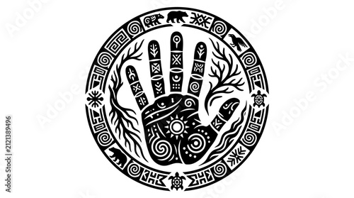 Tribal hand symbol with intricate geometric patterns and nature motifs in a circular frame.