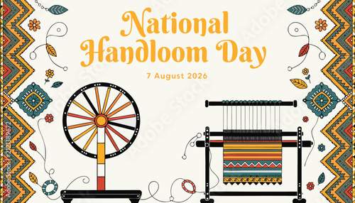 Foto National handloom day poster with spinning wheel and traditional loom