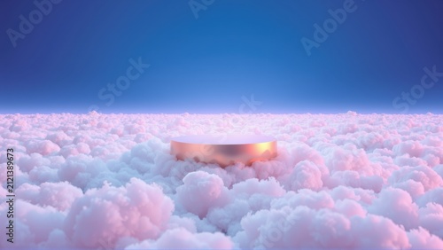 Pink clouds fill landscape. Golden platform stands prominently amidst fluffy formations. Blue sky above creates serene scene.