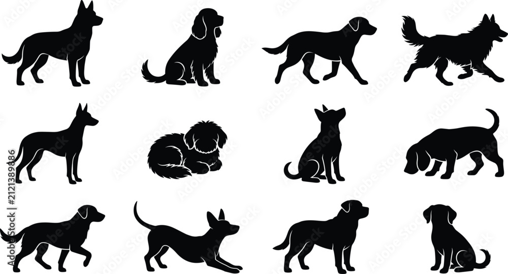 Fototapeta premium Dog Silhouette Collection Set with Domestic Canine Poses for Vector Design ProjectsDog Silhouette Collection Set with Domestic Canine Poses for Vector Design Projects