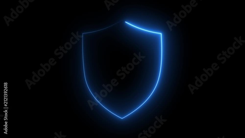 Blue neon glowing shield outline animation symbolizing cyber security, data protection and digital privacy. Perfect for apps, websites, fintech, UI, HUD, overlays and 4K video editing.