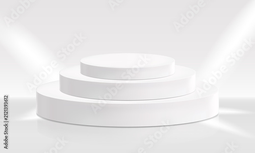 Minimal white three tier round podium with spotlight for product display, cosmetic branding and mockup presentation. Vector pedestal