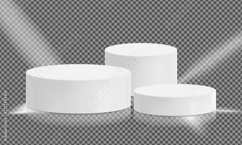 Set of minimal white round podiums with spotlight on transparent background for product display, cosmetic branding and mockup presentation. Vector cylinder pedestals mockup.
