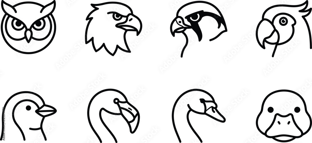 Obraz premium Minimalist bird head line icons set, 8 vector bird profile avatars including eagle and owl, modern black outline animal symbols for logo design