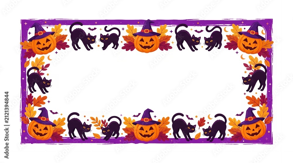 Fototapeta premium Halloween border frame with black cats and orange pumpkins isolated on white background