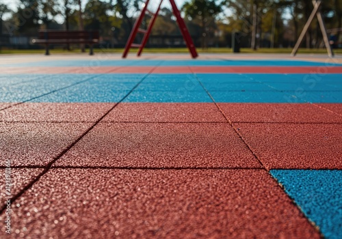 Colorful bright red and blue safety rubber matting covering the ground of a public park playground area, designed for impact absorption ,environment ,safety ,matting