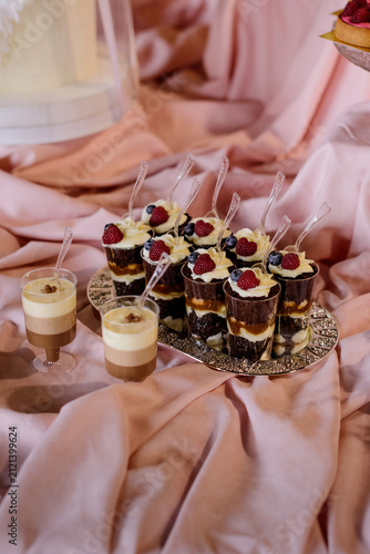 Delicious Mini Trifle Desserts in Plastic Cups with Fresh Raspberries and Cream on Pink Fabric Background for Catering