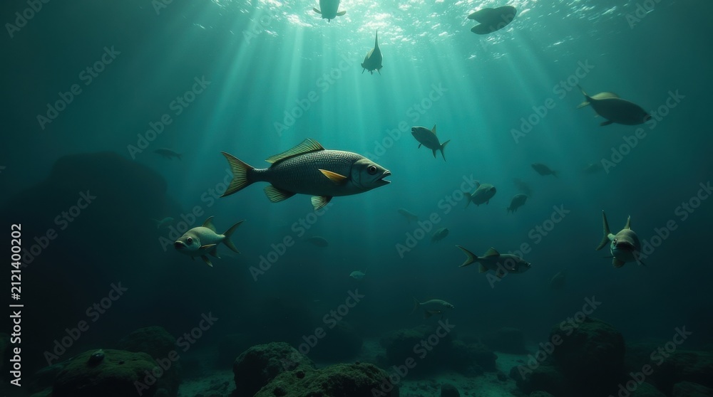 Obraz premium Banco de peces navegando por aguas contaminadas y llenas de microplásticos