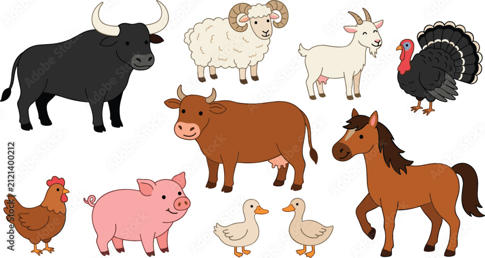 Fototapeta premium Cute Farm Animals and Poultry Vector Illustration Set Featuring Bull Cow Horse Pig Sheep Goat Hen Ducklings and Turkey for Agricultural and Kids Graphic Designs
