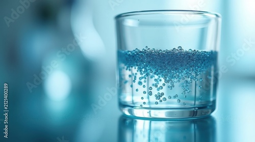 Muestra de agua transparente en un recipiente de vidrio de laboratorio que muestra capas visibles de contaminación por microplásticos