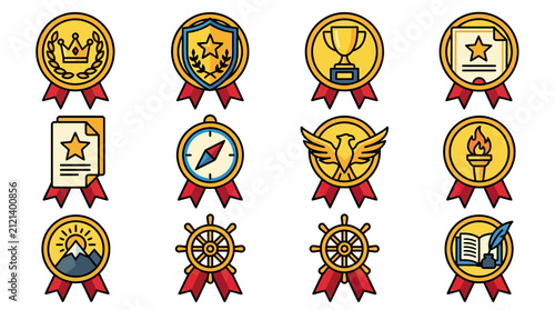 Dynamic Set of 12 Colorful Achievement Badges with Symbols and Icons on Red Ribbons for Awards Recognition or Milestones