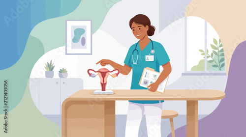 Nurse demonstrates female reproductive system model in medical office