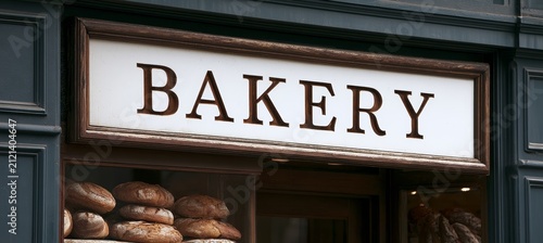 Bakery word text sign in store. Generative AI technology.	

