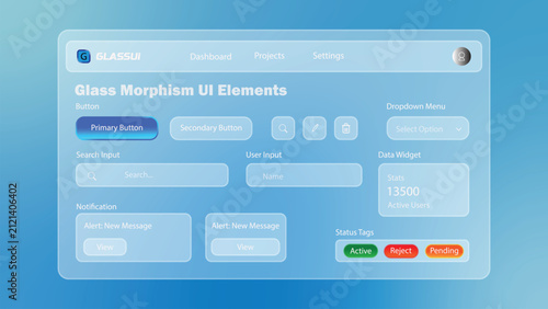 Glassmorphism UI elements with buttons and input fields on a light blue background | Modern Glassmorphism Web UI Kit

