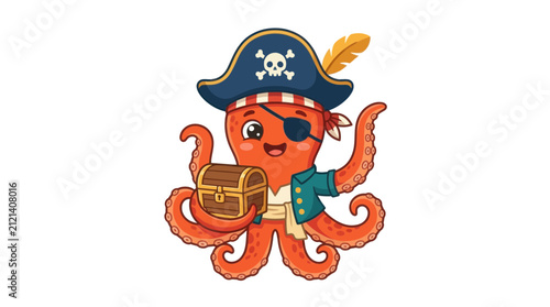 Quadro su tela Cute Cartoon Pirate Octopus Holding Treasure Chest