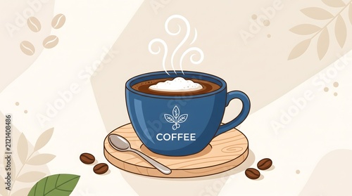 Illustrated blue coffee cup with steam on wooden coaster caffeine beverage