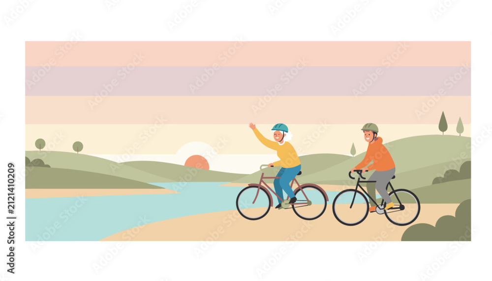 Fototapeta premium Active senior couple riding their bicycles along scenic river path during beautiful warm sunset.