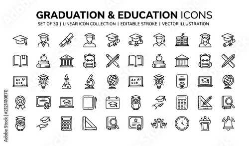 Graduation and Education Line Icon Set with Cap, Diploma, Book, School and Learning Vector Outline Icons