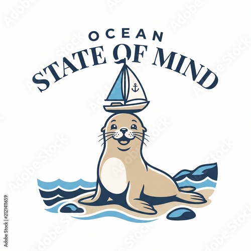 Cute seal carrying sailboat on head ocean state of mind graphic logo emblem vector illustration