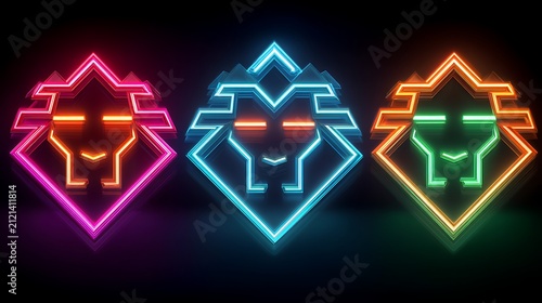 Abstract glowing geometric house shapes in pink cyan green on dark background