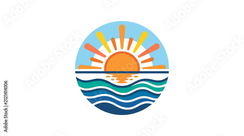 Abstract circular sunset over ocean waves icon design.