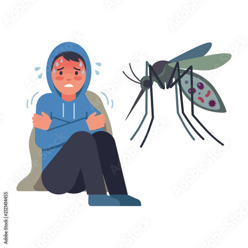 Foto Scared man shivering from fever and chills next to a giant dangerous mosquito ve
