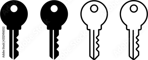 Key icon set in solid and outline styles. Editable vector symbols representing access, security, password and protection on white background.