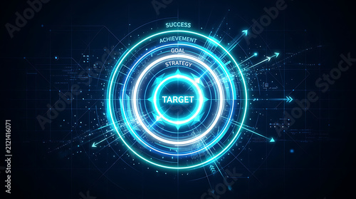 Business target with glowing tech rings and digital data flow. Futuristic corporate goal achievement concept with cyber network visualization.