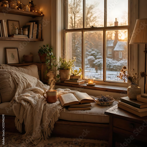 Cozy winter reading nook by window. Warm home interior with open book and steaming coffee.