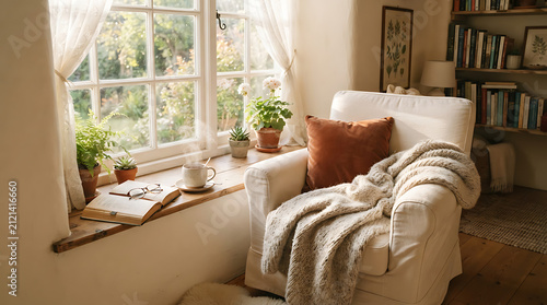Woman relaxing on a cozy sofa with a blanket. Serene indoor reading nook bathed in natural sunlight near a window.