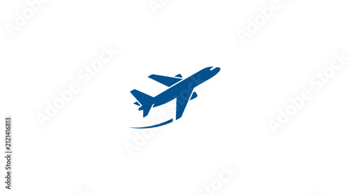 Blue commercial airplane taking off in flight graphic illustration isolated on plain white background studio view