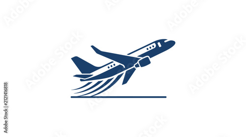 An abstract artistic depiction of a jet airplane taking off from a runway, showcased as a minimalist blue vector graphic icon on a white background.