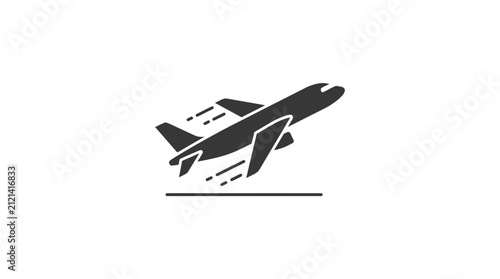 A side view silhouette illustration of a jet airplane taking off from a runway during a departure event in a minimalist environment.