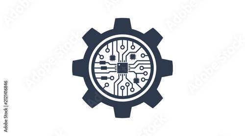Digital Technology Concept Featuring a Technical Gear Icon with Integrated Circuit Board Patterns on a Clean White Background Viewpoint