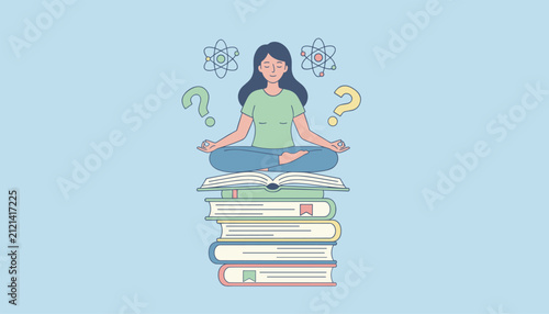 Focused young student meditating on a tall stack of textbook books to find academic balance and reduce exam stress.